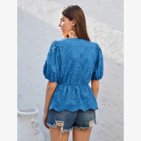 GRACE KARIN Shirt Puffed Short Sleeve Blouses V Neck Button-up - Picture 2 of 13